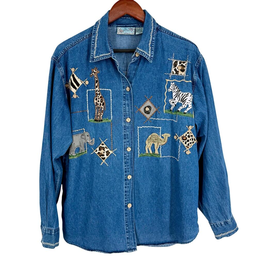 New Directions Sz Large Vintage Wearable Art Safari Blouse Shirt Top Elephants